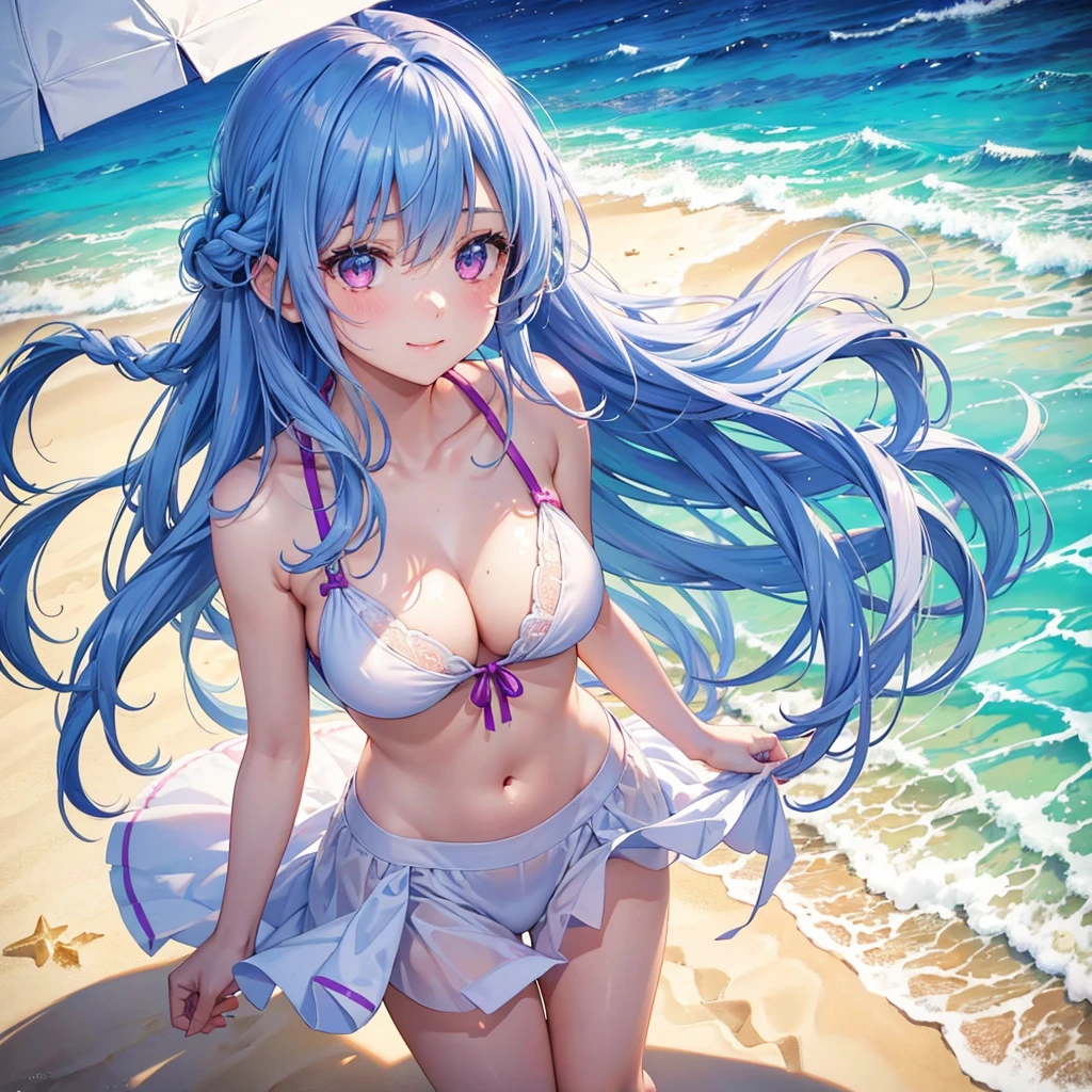 (Sky blue medium hair),(Braided hair tied together)、Pink eyes、Fair skin、(whole body)、(One Girl)、bikini、Shining white sand beach in midsummer、Hawaiian Ocean、Aloha Pose、A happy smile、、(masterpiece、Highest quality、Very detailed、Best Shadow)、(Detailed Background)、(Beautifully detailed face)、High contrast、(Best lighting、Very delicate and beautiful)、((Cinematic Light))、colorful、Hyper Detail、Dramatic Light、Exquisite detail、Standing with your legs apart