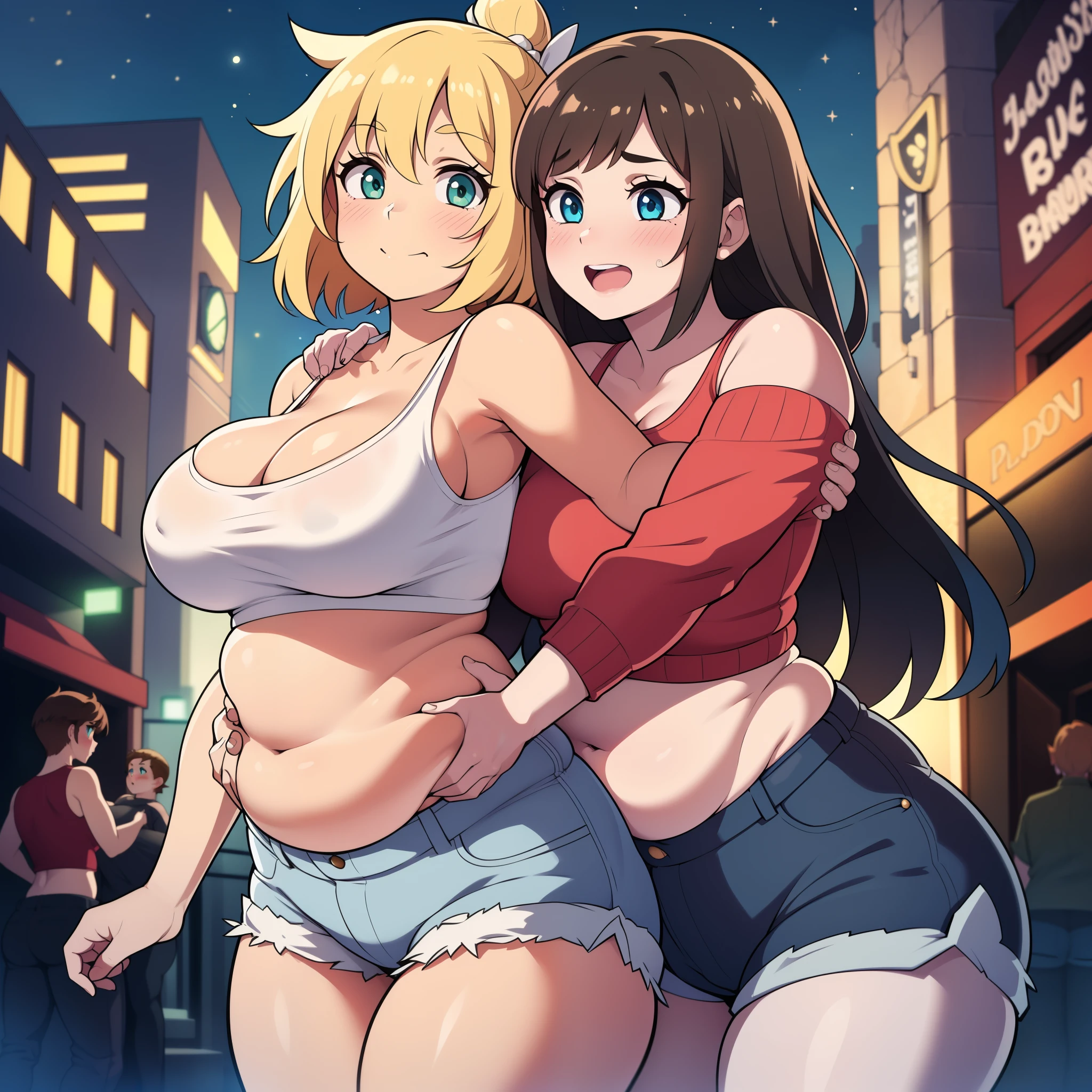 ((highres)), Masterpiece, high quality, best quality, beautiful, perfect lighting, detailed face, ultra cute face, full body, ((2girls)), hugging, belly grab, blush, one girl has blonde hair, blue eyes, crop top and shorts, one girl has brown hair, green eyes, night club, cleavage, medium breasts, ((wide hips)), (thick thighs), ((plump)), chubby belly, belly grab, fat folds, standing next to each other,