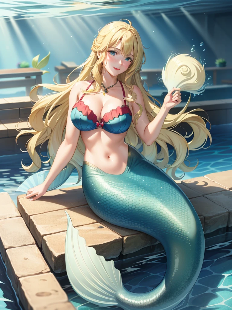 1mermaid, blonde hair, long hair, wavy hair, blue eyes, red lips, smile, blush, large breasts, bra, underwater, green mermaid, mermaid tail,