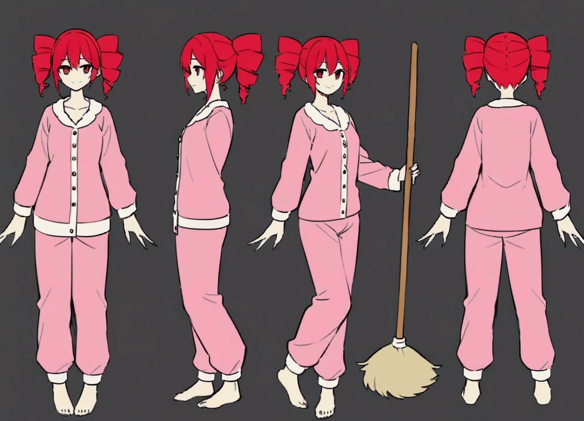 Red hair, loungewear, hold a broom、smiling、whole (body)