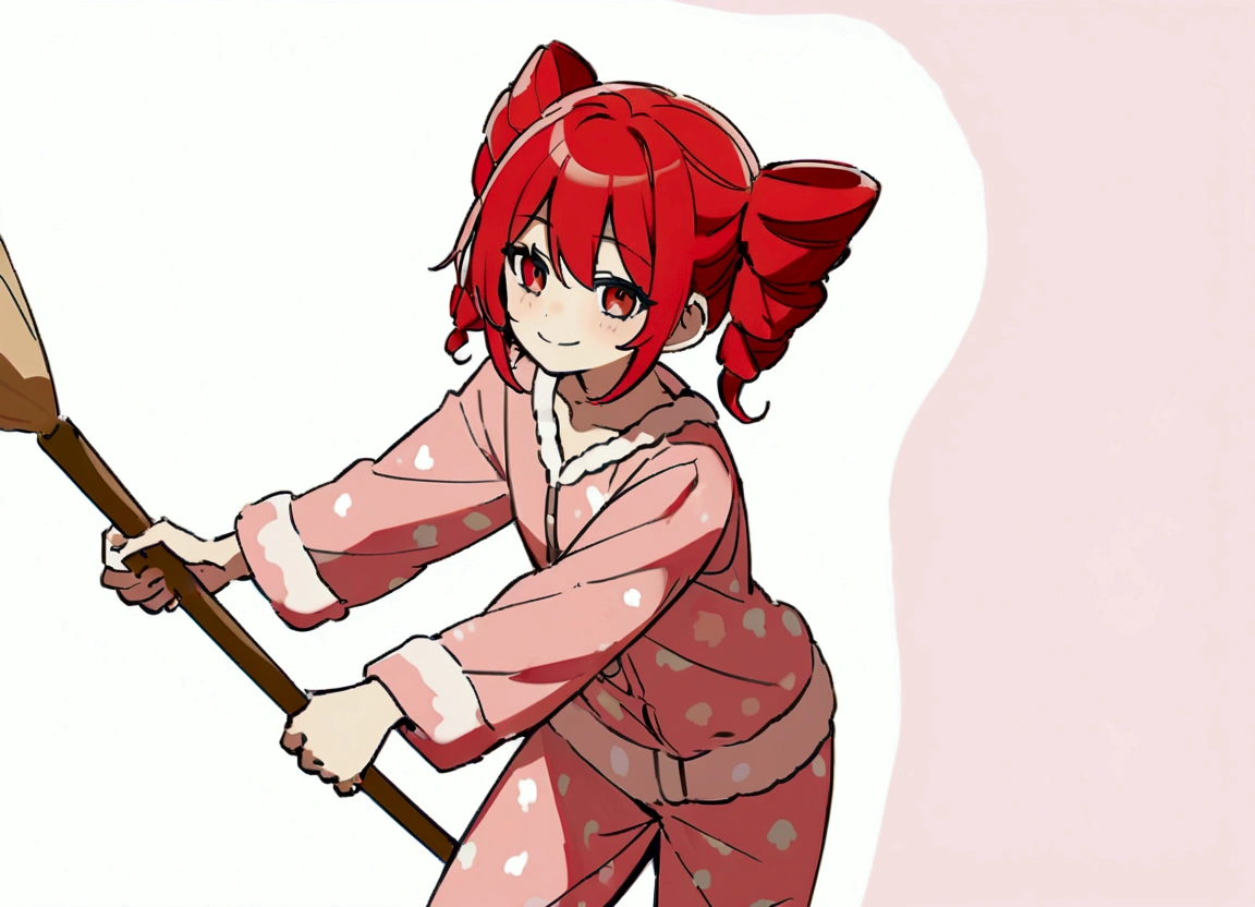 Red hair, loungewear, hold a broom、smiling、whole (body)