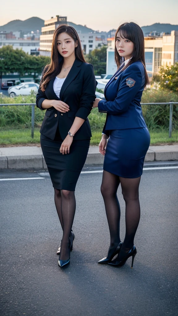 (masutepiece,High quality,16k:1.1),(depth of fields:1.3) ,((front body:1.35)),Japanese ,Woman, ((business suit,black pencil skirt, dark blue jaket)), tights,huge breasts, voluptuous, thicc, curvy,(Looking at Viewer:1.3),(full body shot:1.2),(Beautiful Morning view of town:1.2),