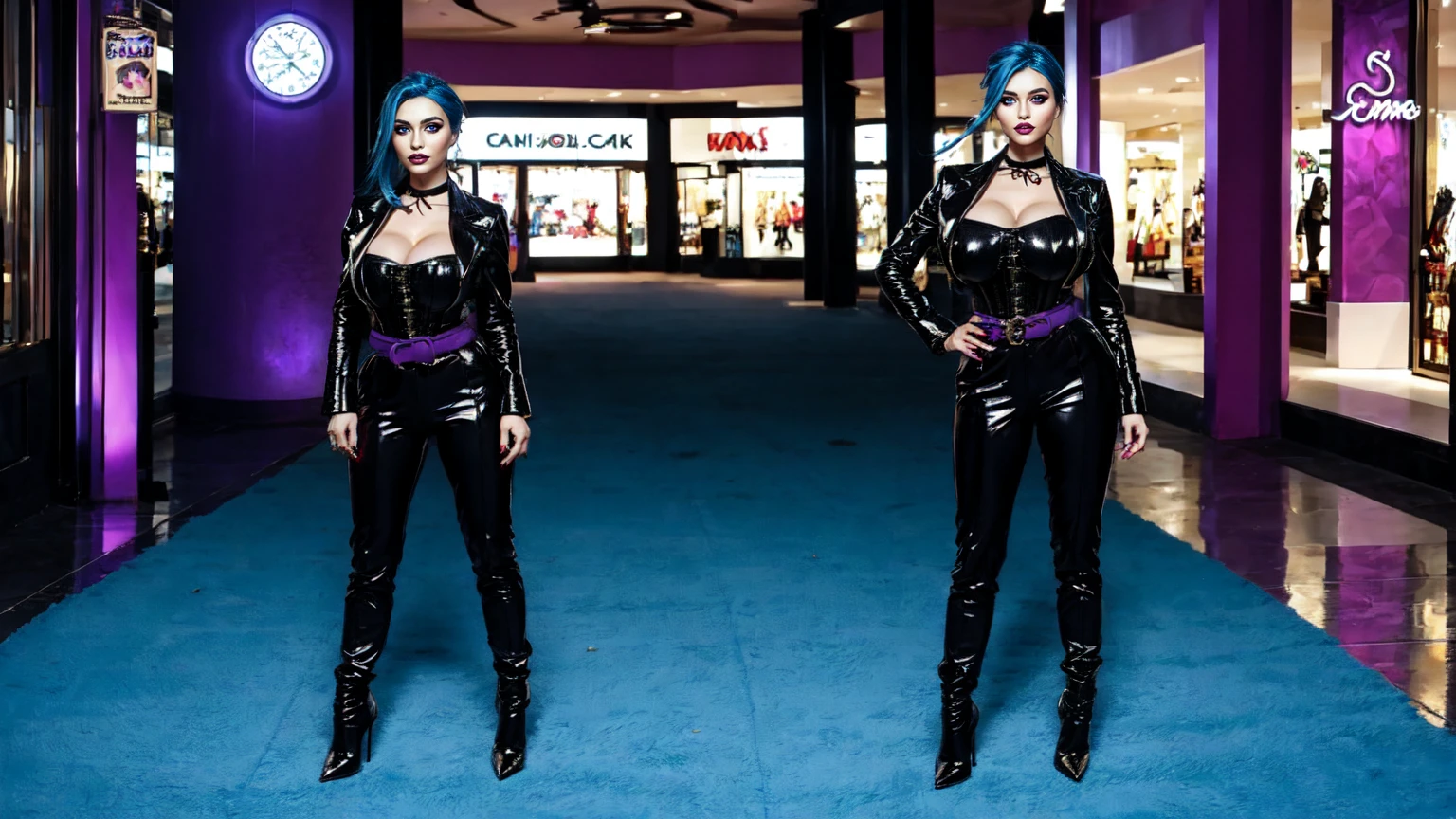 jinx, blue hair, blue leahter corset, black jacket, big breast, blakc tight leahter Trousers, purple belt, black long high heels boots, standing in a mall