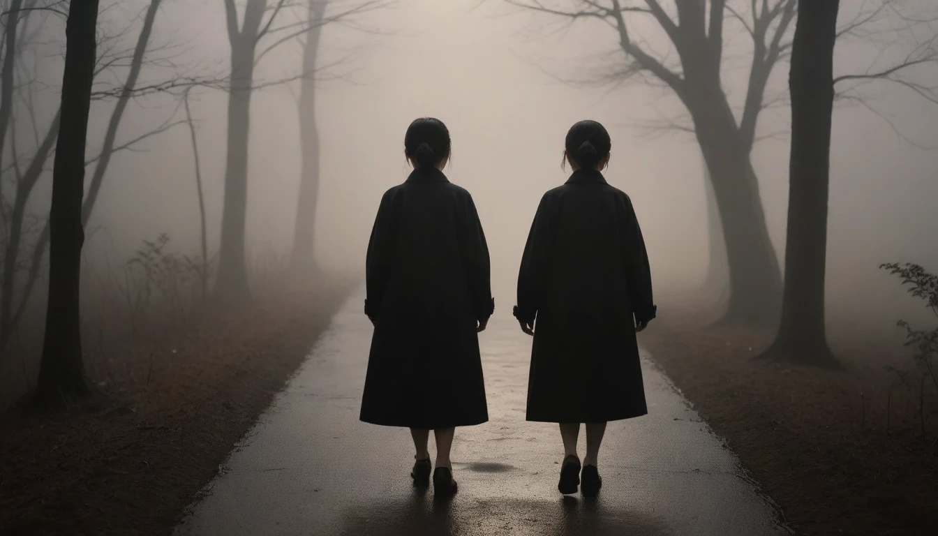 1 36-year-old Korean woman, Short hair, black coat, alone, rain, Fog, cold, boring, Walking on a path in the forest., The dim light shines in the Fog,and the figure stands in the Fog holding ,drizzling, (명암대rain, cinematic lighting, shadow, film grain, anatomically correct, accurate, Awards, 8K) realistic photo, Full body shot with Canon camera 16-35 wide angle lens, natural appearance, Faintly visible