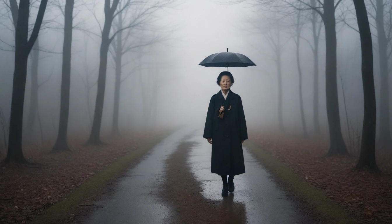 1 36-year-old Korean woman, Short hair, black coat, alone, rain, Fog, cold, boring, Walking on a path in the forest., The dim light shines in the Fog,and the figure stands in the Fog holding ,drizzling, (명암대rain, cinematic lighting, shadow, film grain, anatomically correct, accurate, Awards, 8K) realistic photo, Full body shot with Canon camera 16-35 wide angle lens, natural appearance, Faintly visible