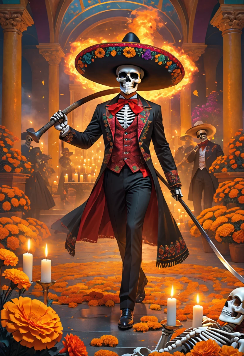 (masterpiece, best quality:1.1),the skeleton gentleman, wearing a sombrero and mariachi costume, face looks like a Calavera skull,skeleton hand,skeleton body,arrogant, holding a large scythe, marigold flowers, candles,dynamic pose ,mexican secret chamber,(dia de los muertos),(Glowing magic-circle drawn on the floor, smoke,)