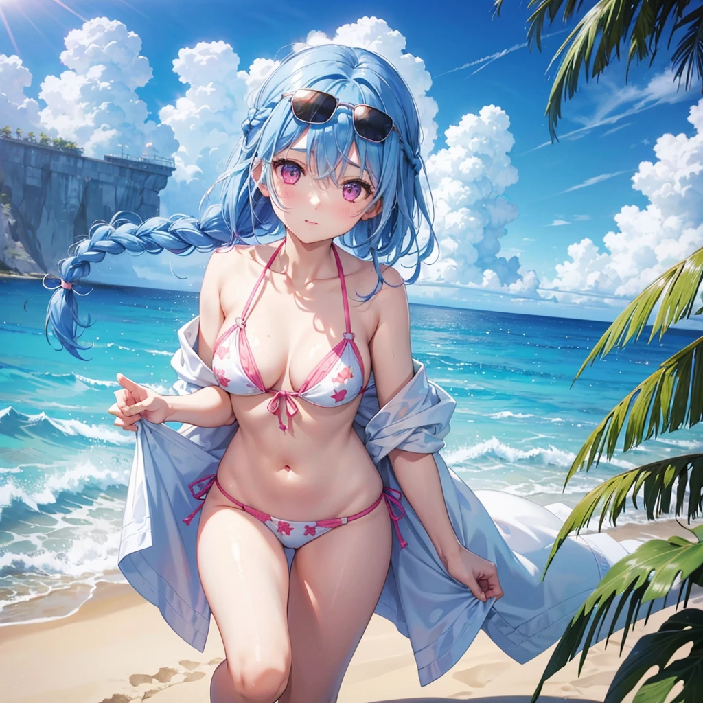 (Sky blue medium hair),(Braided hair tied together)、Pink eyes、Fair skin、(whole body)、(One Girl)、bikini、Large sunglasses with black lenses on his head、Shining white sand beach in midsummer、Okinawa's ocean、A happy smile、、(masterpiece、Highest quality、Very detailed、Best Shadow)、(Detailed Background)、(Beautifully detailed face)、High contrast、(Best lighting、Very delicate and beautiful)、((Cinematic Light))、colorful、Hyper Detail、Dramatic Light、Exquisite detail、Standing with your legs apart