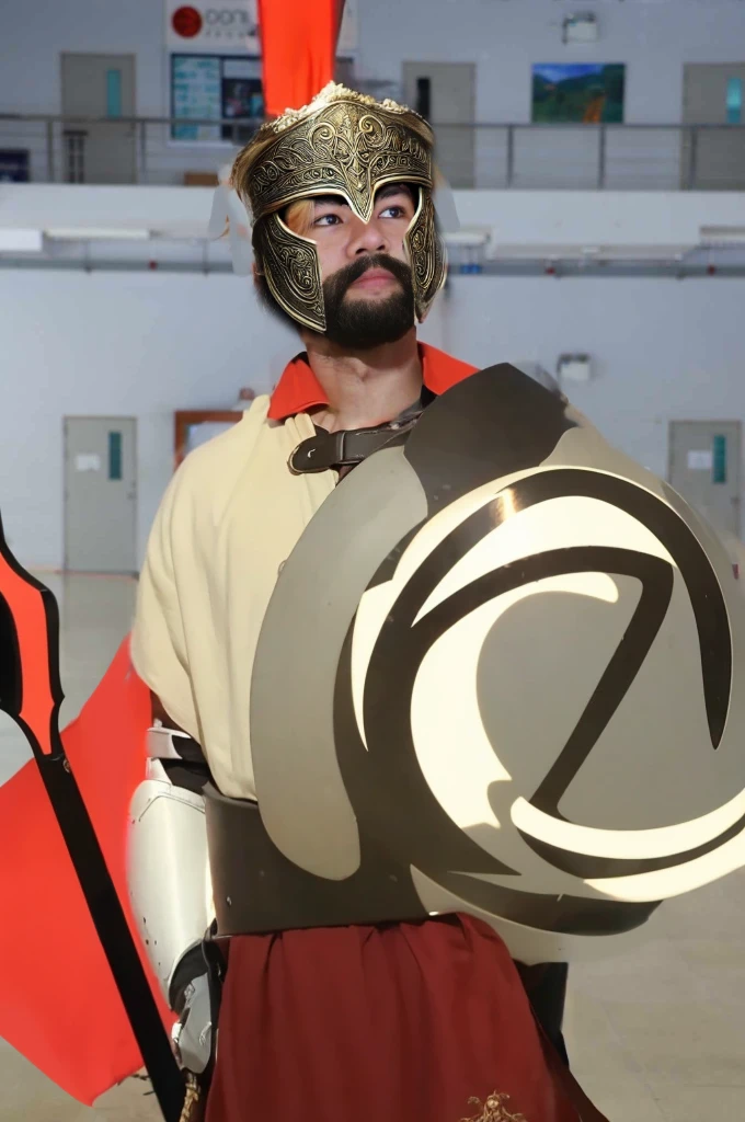 King Leonidas wears a classic Spartan helmet, also known as a Corinthian helmet. It has a bronze finish with a high crest of red and black horsehair, signifying his rank as a king. The helmet covers the entire face except for the eyes, nose, and mouth, providing maximum protection while allowing him to see and breathe easily. The edges are decorated with intricate patterns and engravings.
Armor: His armor is made of bronze and consists of a cuirass (breastplate) with muscle sculpting to emphasize his physical prowess. The cuirass is ornately decorated with engravings of mythical creatures and battle scenes. He wears a red cloak draped over his shoulders, secured with a golden brooch. His greaves (shin guards) and bracers (forearm guards) are also made of bronze and bear similar decorative patterns.
Face: Leonidas has a rugged, determined expression, with a well-defined jawline and a thick beard. His eyes are intense, reflecting his warrior spirit and unwavering determination. His face shows the marks of past battles, with a few scars that add to his fierce appearance.
Spear: He holds a long Dory spear, which is the primary weapon of a Spartan hoplite. The spear is approximately 8 feet long, with a wooden shaft and a leaf-shaped iron spearhead. The shaft is reinforced with metal bands for extra durability, and the butt end is fitted with a bronze counterweight called a sauroter, which can also be used as a secondary weapon.
Shield: Although not specifically requested, it’s worth noting that Leonidas carries a large round shield known as an Aspis or Hoplon. The shield is made of wood, covered with bronze, and emblazoned with the symbol of Sparta, a lambda (Λ).