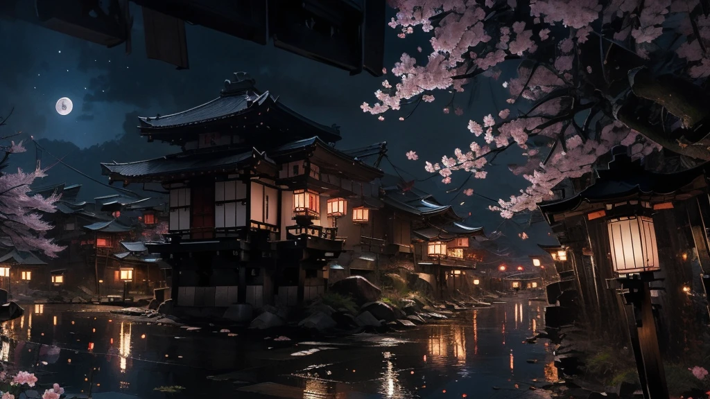 Kyoto、Streetscape、Fantasy、night、moon、cherry blossomachiya、Early 20th century Japanese cityscape、Old city、