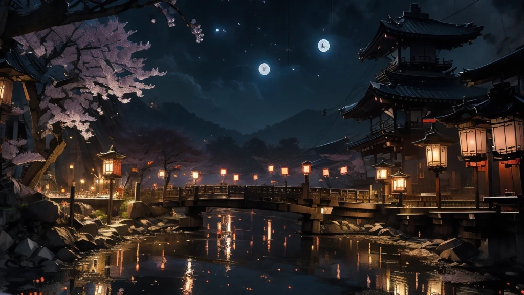 Kyoto、Streetscape、Fantasy、night、moon、cherry blossomachiya、Early 20th century Japanese cityscape、Old city、