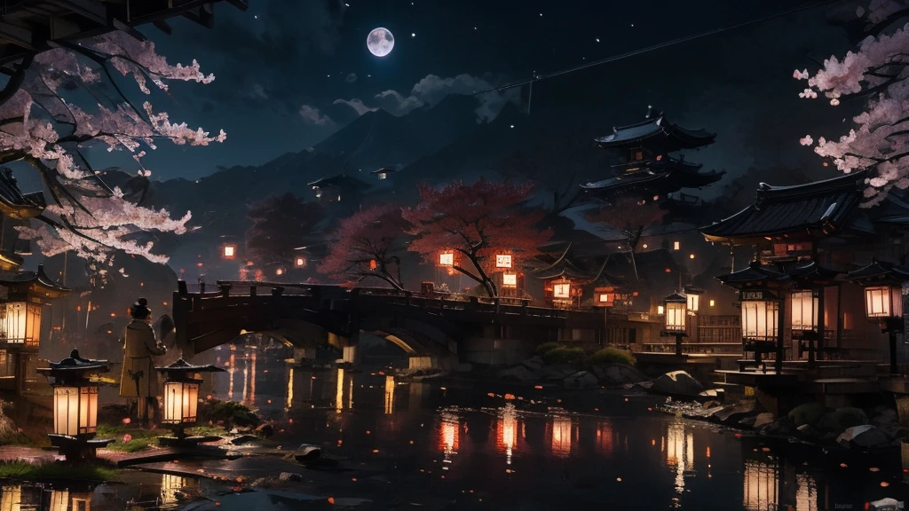 Kyoto、Streetscape、Fantasy、night、moon、cherry blossomachiya、Early 20th century Japanese cityscape、Old city、