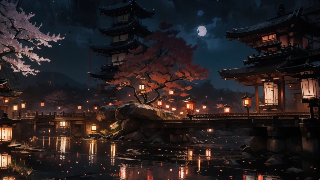 Kyoto、Streetscape、Fantasy、night、moon、cherry blossomachiya、Early 20th century Japanese cityscape、Old city、