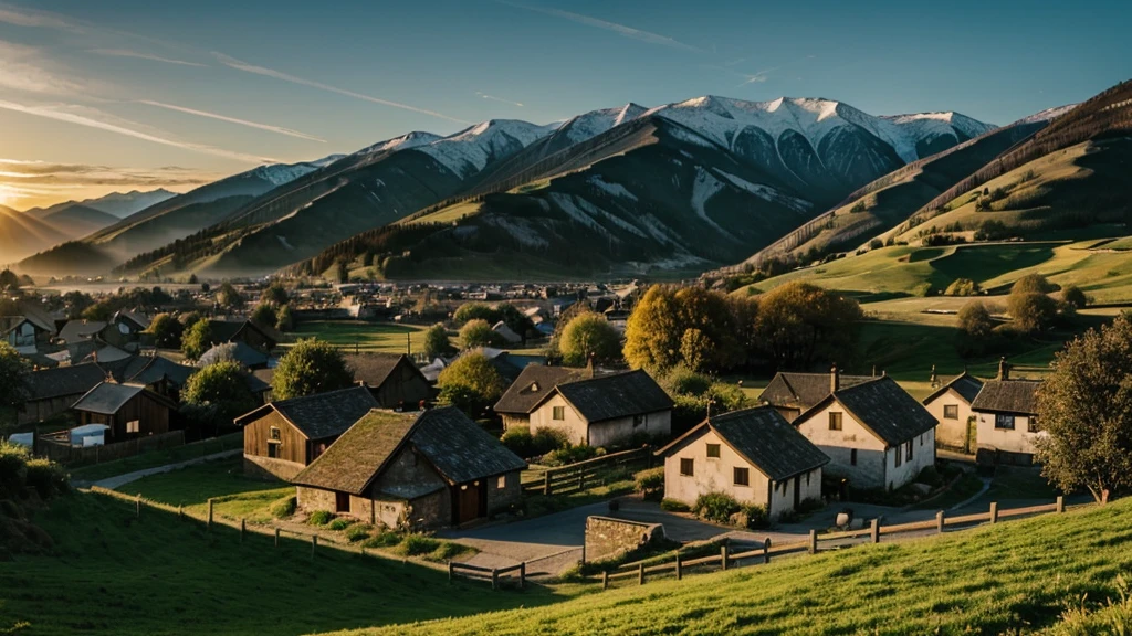 A serene village landscape with the first rays of sunlight hitting the hills, bringing the village to life