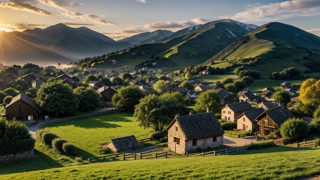 A serene village landscape with the first rays of sunlight hitting the hills, bringing the village to life