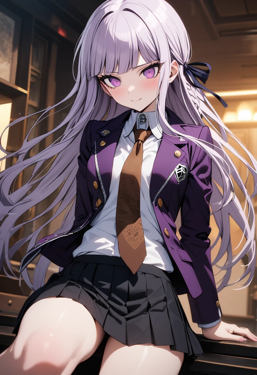 ((masterpiece,High resolution,Highest quality,8K,Detailed faces and anatomy))
(****************,Danganronpa,Kyouko Kirigiri,Purple Hair,Long Hair,Side braiding,Purple eyes,slender)(Black Ribbon,Black gloves,White collared shirt,Purple open jacket,Black pleated skirt,Brown tie,Printed necktie)smile,Close ~ eyes