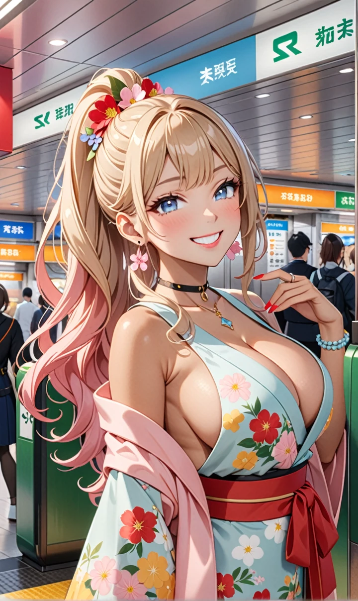 ultra-detailed, ((one girl)), (tan skin:1.6), in pastel colors gyaru, (heavy makeup), (professional lighting) hyper detailed, absurdres, 8K, Beautiful Face, (Laugh shyly), ((teasing smile:1.8)), ((Wink:1.7)), (Laugh with your mouth wide open),((Tilt your face:1.6)), View your viewers, ((Bright red cheeks:1.6)),Glossy Red Lips, ((Big Breasts:1.5)),  ((undressing:1.2)), ((sideboob)),  noon, Station ticket gates , ((Anime style background)),masterpiece, Highest quality, so beautiful,Latest, Complex details, ((Pastel pink long nails)), (nail art), (ring),(bracelet), (Floral Choker),AI-generated, Complex,High resolution, Highest quality, super high quality,3D Images、3D Images,One person,Blonde long hair,(High Ponytail), (wavy hair:1.3), Blonde anime woman posing for a photo, ((Fine grain、blue eyes、glowing eyes:1.4)), (Squint your eyes:1.1),a hyperRealistic , hyperRealistic , Realistic,Anime woman with long pastel yellow hair, Smooth anime CG art, A girl in a gorgeous pastel-colored kimono, ((Pastel-colored furisode)),(Pink large floral pattern), Long flower hair ornament,Floral Earrings, Mature Body, tall,Narrow waist, ((from side))