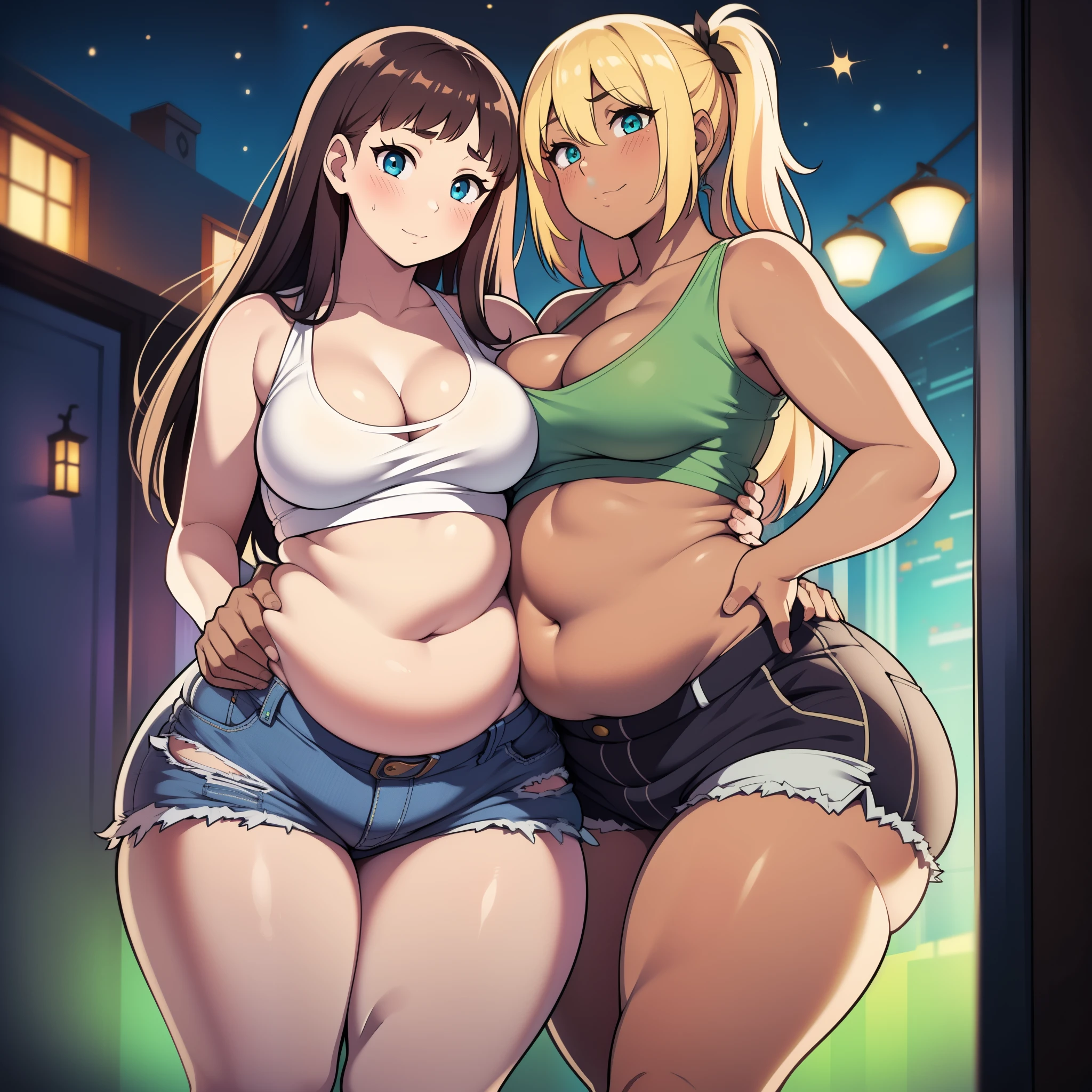 ((highres)), Masterpiece, high quality, best quality, beautiful, perfect lighting, detailed face, ultra cute face, full body, ((2girls)), hugging, belly grab, blush, one girl has blonde hair, blue eyes, crop top and shorts, one girl has brown hair, green eyes, night club, cleavage, medium breasts, ((wide hips)), (thick thighs), ((plump)), chubby belly, belly grab, fat folds, standing next to each other,