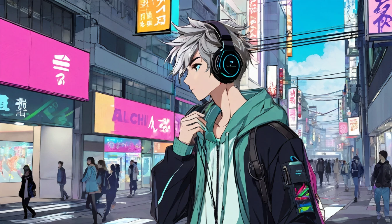(masterpiece:1.4, best quality:1.4), Design a dynamic anime character, a young male with a sleek, modern aesthetic for 2024. This character embodies urban coolness, blending futuristic elements with current fashion trends.

- Character: The young man has a confident, relaxed pose, sporting stylish, cutting-edge headphones that are a signature element of his look. His hairstyle is trendy, perhaps a tousled top with shaved sides, and features vibrant streaks or underlights that match the accents on his headphones.

- Attire: He wears smart, casual urban wear that's on the leading edge of 2024's fashion trends. Think a minimalist graphic tee layered under a smart, tech-enhanced jacket with interactive display panels. His outfit is completed with slim-fit trousers and high-tech sneakers that boast both comfort and style.

- Accessories: Besides the headphones, he might have a smartwatch with holographic features and a sleek backpack equipped with solar panels for charging his devices on the go.

- Setting: The background is minimal, possibly just a hint of a high-tech urban landscape, to keep the focus sharply on him. The setting suggests he's in a bustling city center, reflecting the vibe of a young, connected individual.

- Atmosphere: The overall feel is cool and contemporary, with an air of laid-back confidence. He looks like he’s just paused from walking, perhaps choosing a track from his playlist, capturing a moment of quiet amidst urban chaos.

- Color Palette: Use a palette that combines neutral tones with bold accents that echo the colors of his headphones and hair highlights. This creates a visually striking contrast, enhancing his modern aesthetic.

This prompt aims to capture the essence of a trendy, tech-savvy anime character from 2024, ideal for targeting a young, style-conscious audience.

