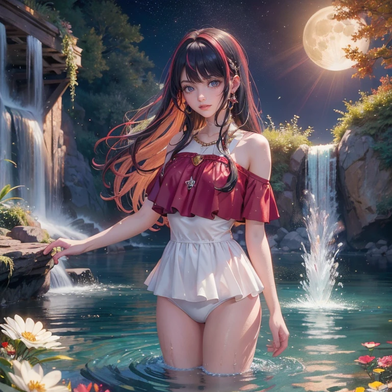 1 girl, lake scene, seat on the water, red suit, gold details on her clothes, waterfall, white flowers on focus, full moon, night, flowing hair, crystals, sparkles, swim suit, multicolored hair, rabbit jewel on her hair