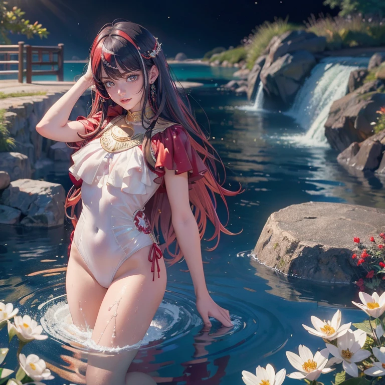 1 girl, lake scene, seat on the water, red suit, gold details on her clothes, waterfall, white flowers on focus, full moon, night, flowing hair, crystals, sparkles, swim suit, multicolored hair, rabbit jewel on her hair 