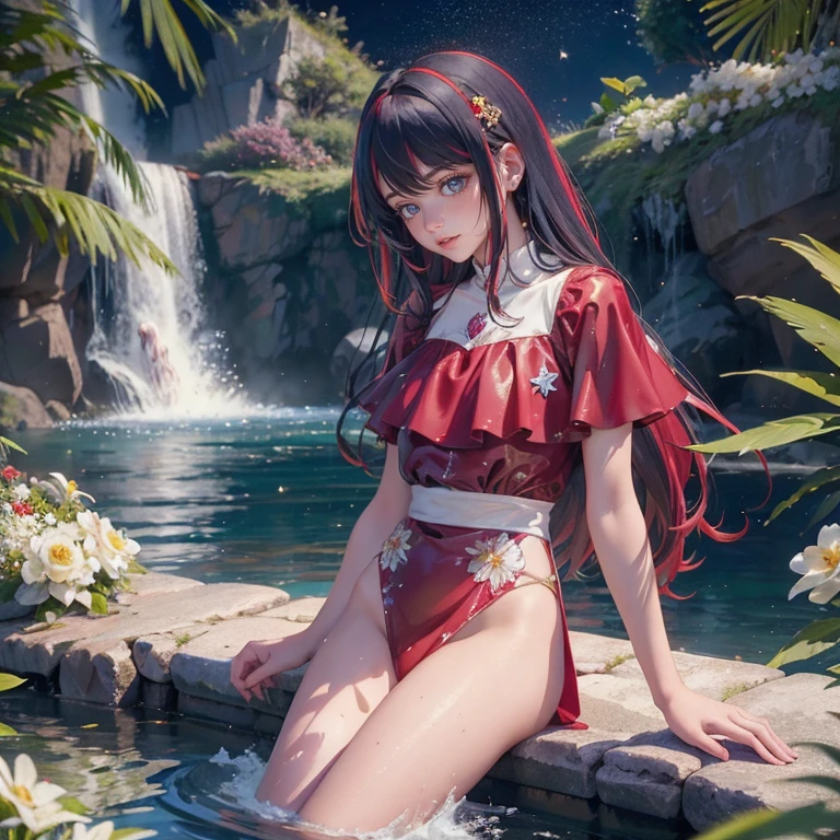 1 girl, lake scene, seat on the water, red suit, gold details on her clothes, waterfall, white flowers on focus, full moon, night, flowing hair, crystals, sparkles, swim suit, multicolored hair, rabbit jewel on her hair