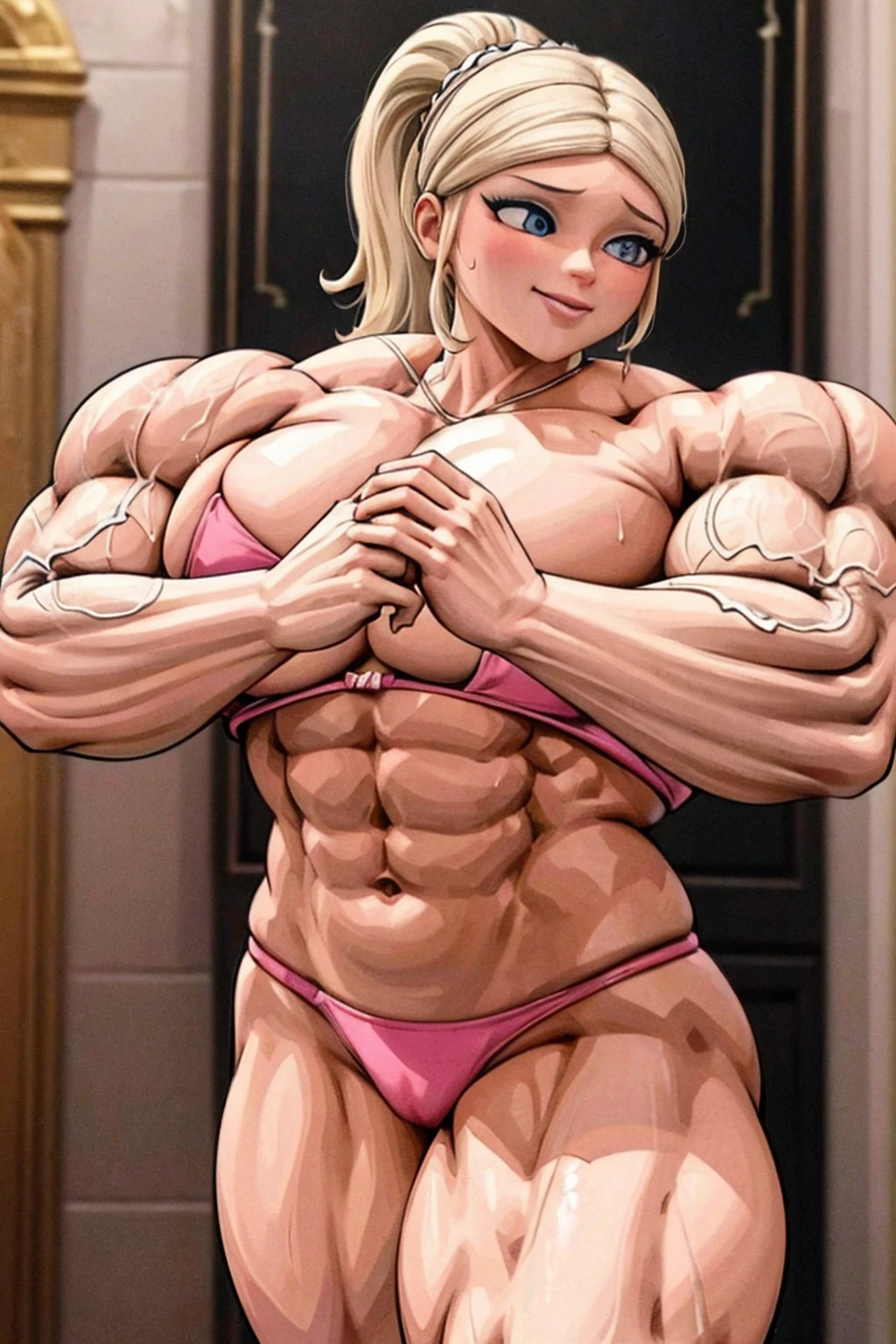 high contrast, (8K UHD:1.2), (photorealistic:1.2),(masterpiece:1.4), (best quality:1.4),extremely detailed wallpaper, highly detailed illustrations, ((1 Girl)) , (super-complex details) official art, unity 8k wallpaper, ultra detailed, beautiful and aesthetic, masterpiece, best quality, ( zentangle, mandala, tangle, entangle), (fractal art:1.3) , masterpiece, , intricate detail,((bulking)),covered body upper body,(body builder:1.7), muscular, bob hair, busty, sexy, curvy, crazy abs, upper , from front angle, raised hand, armpit, looking into camera, masterpiece, best quality, high quality, high definition, high quality texture, high quality shadow, high detail, beautiful detailed, fine detailed, extremely detailed cg, detailed texture, a realistic representation of the face, realistic, colorful , delicate, cinematic light, side light, Lens Flare, Ray Tracing, tailed beautiful delicate face, detailed beautiful delicate eyes, mature female, ((long blonde hair, ponytail , bored, pompadour cut, muscular, toned, navel, ripped abs, thick thighs, broad shoulders, big arm muscles, meaty leg muscles, thick eyelashes, makeup, (((pink bikini))), raise hand's showing her big bicep's with sceary evil smile)) looking at viewer's with full confidence.