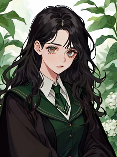 A girl with wavy black hair and brown eyes, Half body , from Hogwarts Slytherin house. surrounded by jasmine in the environment