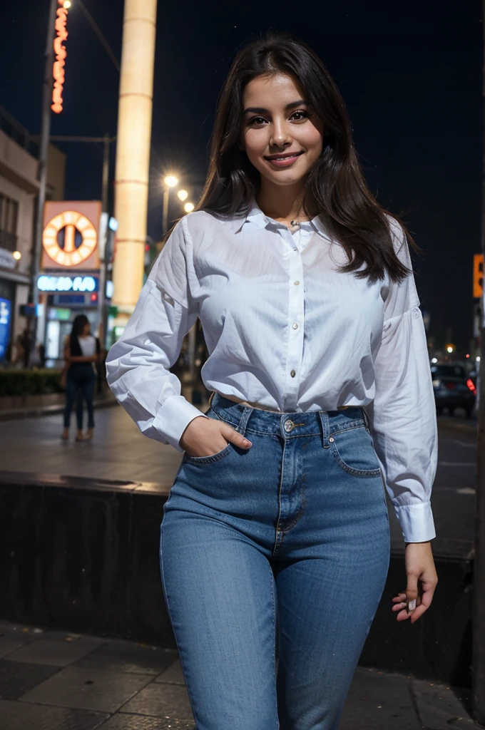 Happy attractive gorgeous body beautiful young white skin mexican real woman on full body with blue dark long blouse and blue jeans about 30 years old in a night city with independence angel in mexico city and smiling