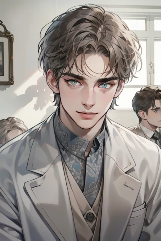 masterpiece, best quality, realistic, 1man, mature male, quiet and charming  man, 35 year old, smile in love look, closed mouth, portrait, extremely detailed face, cold smile, ((blue grey eyes)), ((short-right-swept gray dark hair)), [thick eyebrows], ((suit)), handsome, full body, western, Jewish, light brown skin,