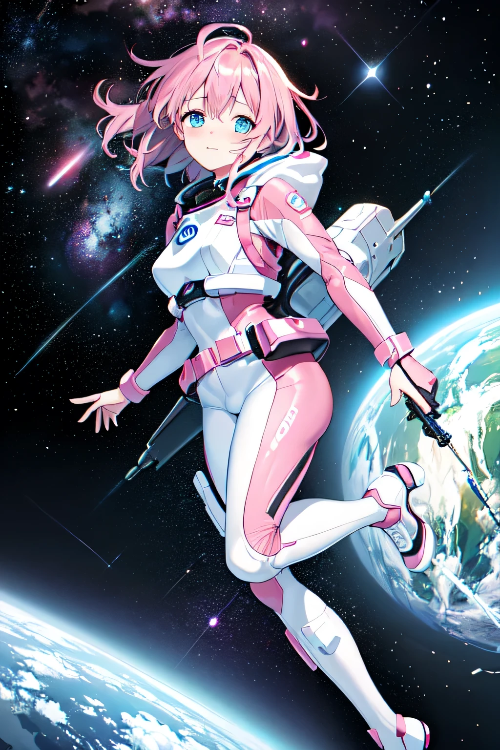 (masterpiece, best quality,Super detailed),(random angle,A cool and blushing female space explorer in her late twenties with short, wavy pink hair, bright blue eyes, and a bashful expression. She wears a form-fitting spacesuit with neon accents, a utility belt, and jet boots. She is floating in zero gravity in front of a breathtaking nebula, her cheeks slightly pink