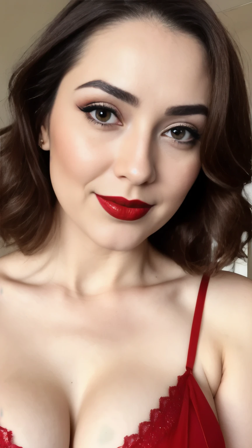 instagram photo, closeup face photo of 30 years Old, Red Lipstick, sensual Lipstick, Sensational Make Up, cleavage, pale skin, (smile:0.4), hard shadows, Red G-STRING 