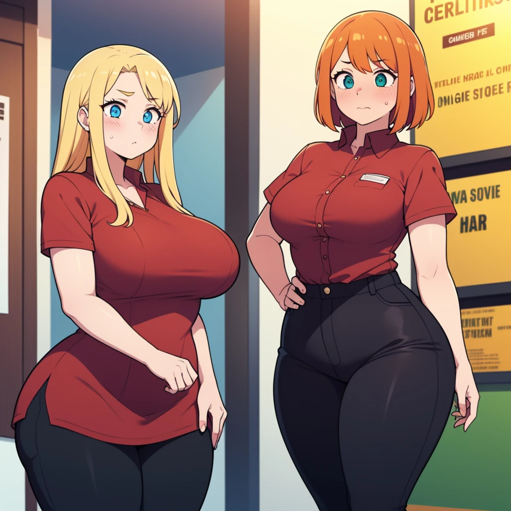 ((highres)), Masterpiece, high quality, best quality, beautiful, perfect lighting, detailed face, ultra cute face, ((2girls)), ((blush)), one girl has blonde hair, blue eyes, red shirt, black pants, work uniform, one girl has orange hair, green eyes, red shirt, black pants, work uniform ,tight clothes, super market, medium breasts, perky breasts, wide hips, (thick thighs), chubby, standing next to each other,