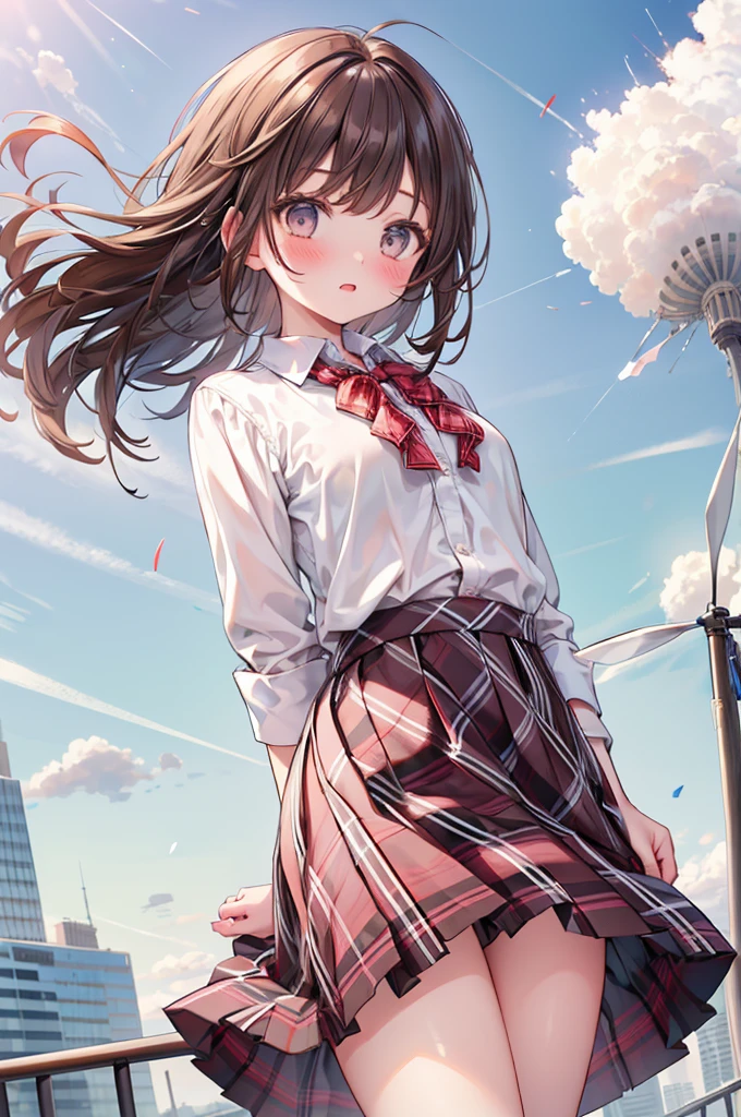 masterpiece, best quality,
1girl, view from below,
(the wind blows up the plaid skirt:1.5), summer , white panties, brown hair, surprised face, blush,
downtown area,