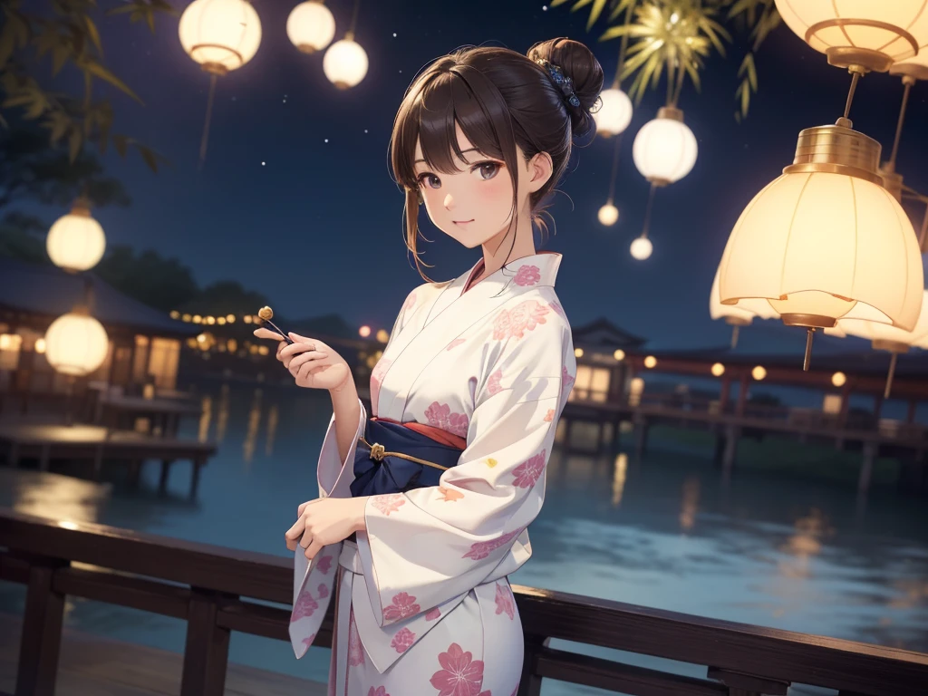 (Very detailed,High resolution,masterpiece:1.2）Japanese、Night view, Starry Sky、milky way、Tanabata Bamboo Decorations Light Brown Hair. She is wearing a yukata.Big fireworks、Slendering, Flat Color:0.8, Fine 図, Realistic:1.37, Shinkai Makoto style, Your name style, Hair Bun。,(masterpiece: 1,2)、(masterpiece: 1,2)、High resolution、超High resolution、Highest quality、High resolution、