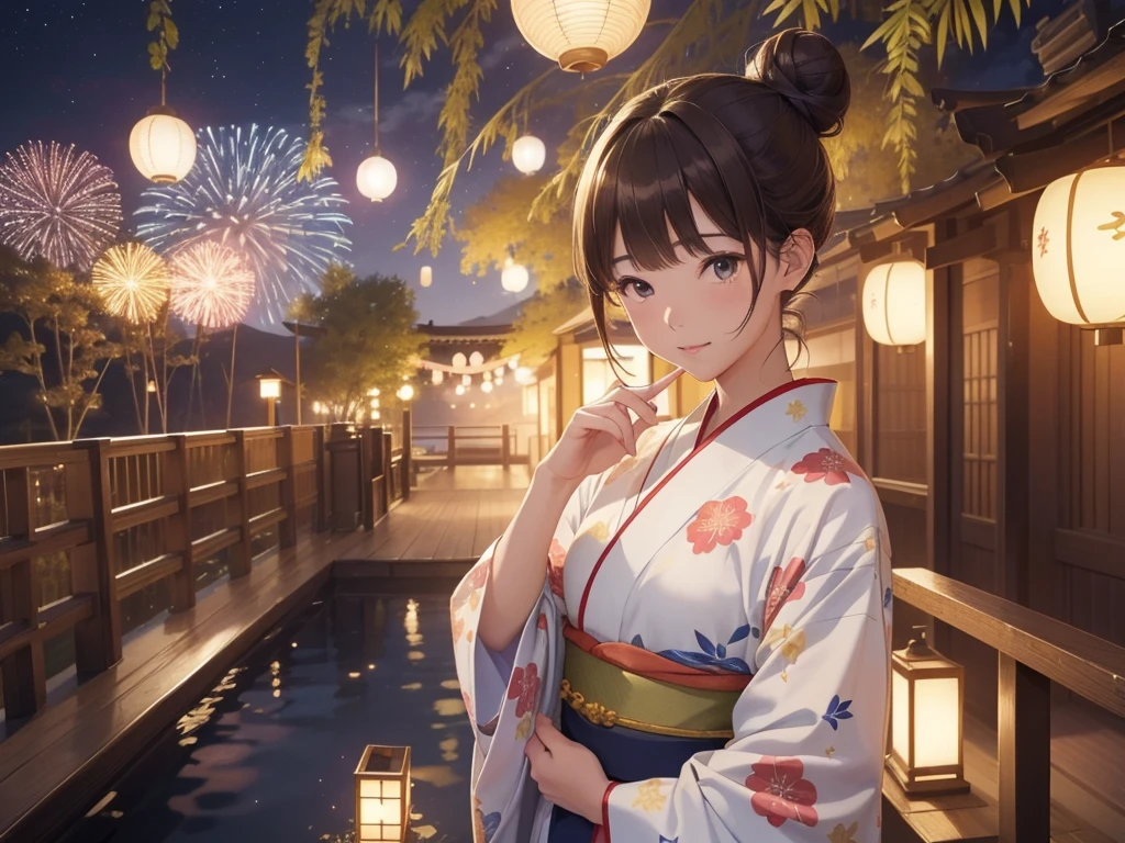 (Very detailed,High resolution,masterpiece:1.2)Japanese、Night view, Starry Sky、milky way、Tanabata Bamboo Decorations Light Brown Hair. She is wearing a yukata.Big fireworks、Slendering, Flat Color:0.8, Fine 図, Realistic:1.37, Shinkai Makoto style, Your name style, Hair Bun。,(masterpiece: 1,2)、(masterpiece: 1,2)、High resolution、超High resolution、Highest quality、High resolution、