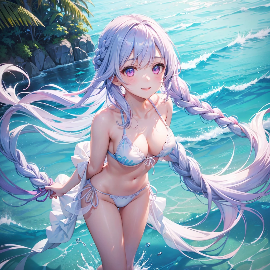 (Sky blue medium hair),(Braided hair tied together)、Pink eyes、Fair skin、(whole body)、(One Girl)、bikini、Shining white sand beach in midsummer、Hawaiian Ocean、Aloha Pose、A happy smile、、(masterpiece、Highest quality、Very detailed、Best Shadow)、(Detailed Background)、(Beautifully detailed face)、High contrast、(Best lighting、Very delicate and beautiful)、((Cinematic Light))、colorful、Hyper Detail、Dramatic Light、Exquisite detail、Standing with your legs apart