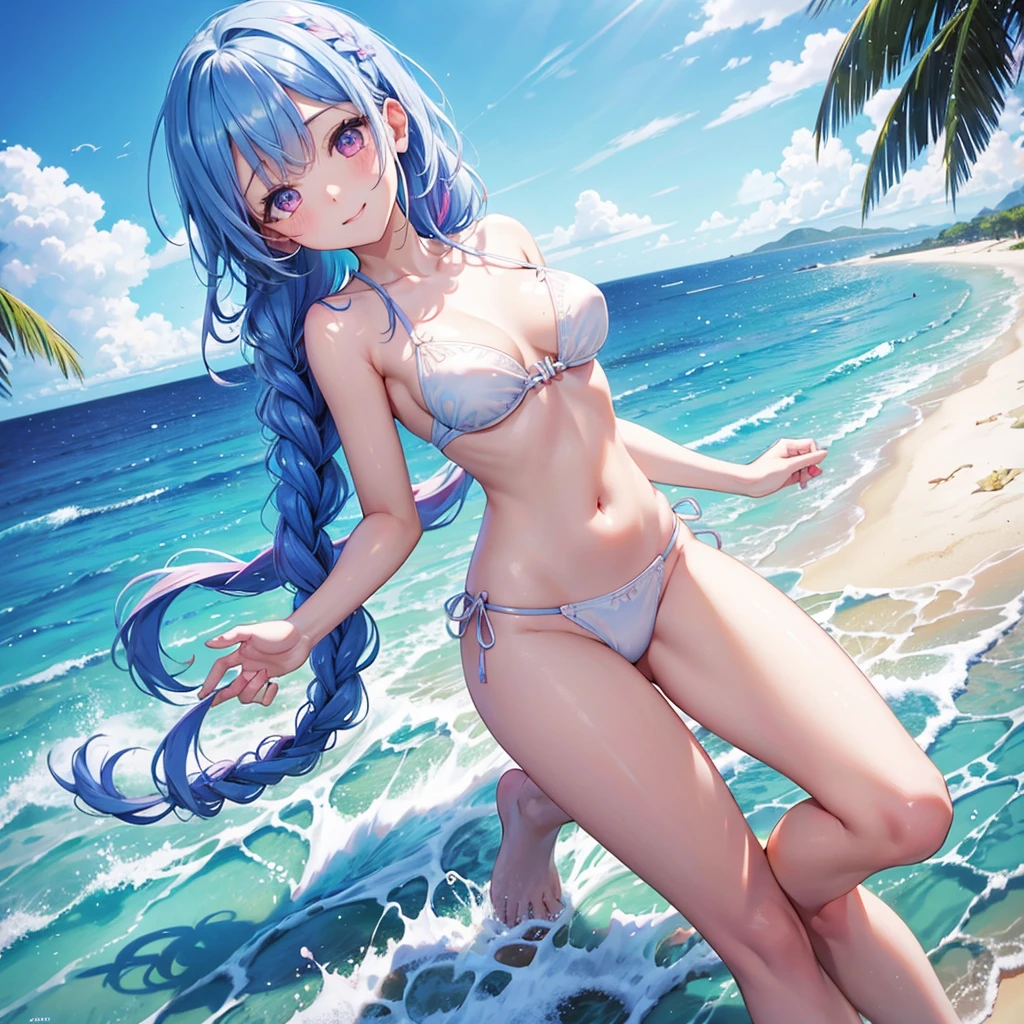 (Sky blue medium hair),(Braided hair tied together)、Pink eyes、Fair skin、(whole body)、(One Girl)、bikini、Shining white sand beach in midsummer、Hawaiian Ocean、Aloha Pose、A happy smile、、(masterpiece、Highest quality、Very detailed、Best Shadow)、(Detailed Background)、(Beautifully detailed face)、High contrast、(Best lighting、Very delicate and beautiful)、((Cinematic Light))、colorful、Hyper Detail、Dramatic Light、Exquisite detail、Standing with your legs apart