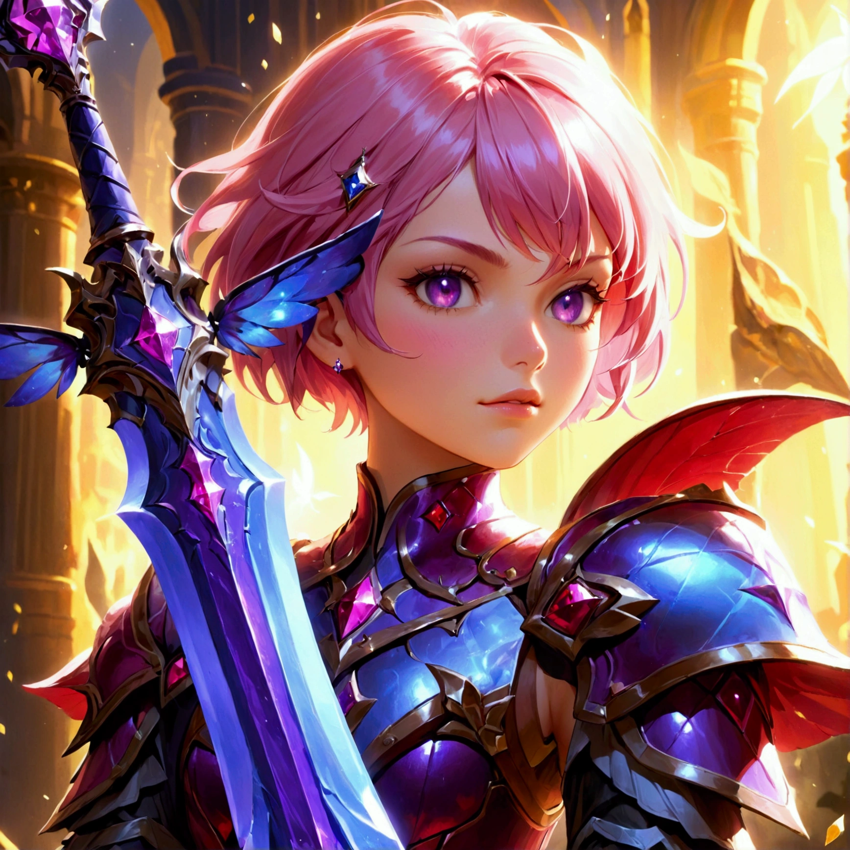 A giant heroic princess with short pink hair and purple diamonds on her cheeks, wearing purple armor and holding a giant diamond sword, accompanied by a small male fairy with short black hair, crimson red wings, dark gray clothing, and shades, having an epic adventure. dynamic, glorious, bright, colorful, elegant, rpg game. 