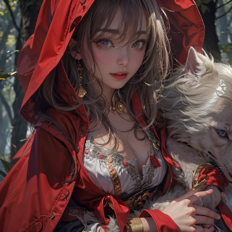 Standing in the forest、Hair flow、 ((Highest quality、masterpiece、8K、Best image quality、Ultra-high resolution、Award-winning works)、(Accurate anatomy:1.1)、(Look at me and smile:1.1)、Shining fair skin with Ultra-high resolution、The most detailed face、Ultra-high resolution detailed face、Ultra-high resolutionの髪の毛、(Ultra-high resolution eye:1.1)、Beautiful face drawn in every detail、little red riding hood Costume , Chest to chest, Strange atmosphere, A real werewolf stares at her........, Dark Light, in the forest , Heavy makeup