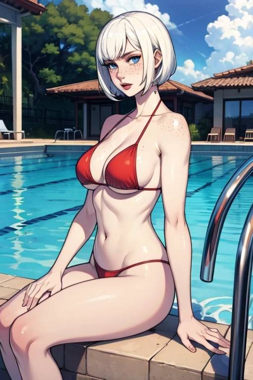 The woman, short hair, short hair, by white, white hair, fringe, (((pale, pale skin))), blue eyes, Blue eyes, parts, parts en la cara, Freckles, Bikini, red Bikini, micro Bikini, Costa Rica, bungalow, pool, Pool,
