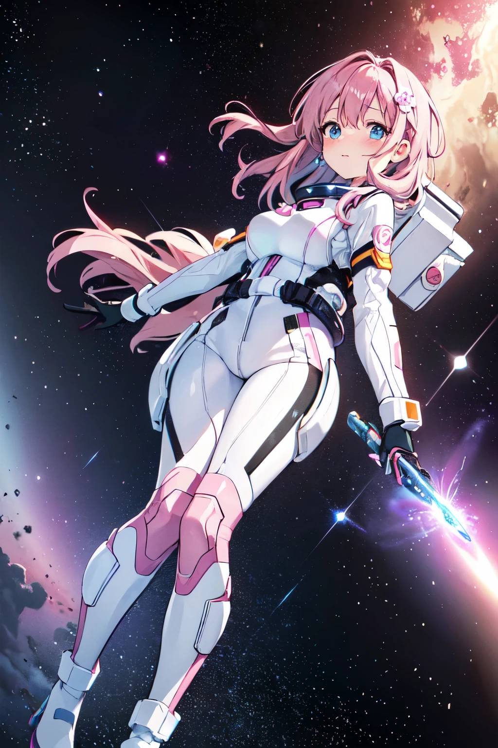(masterpiece, best quality,Super detailed),(random angle,A cool and blushing female space explorer in her late twenties with short, wavy pink hair, bright blue eyes, and a bashful expression. She wears a form-fitting spacesuit with neon accents, a utility belt, and jet boots. She is floating in zero gravity in front of a breathtaking nebula, her cheeks slightly pink