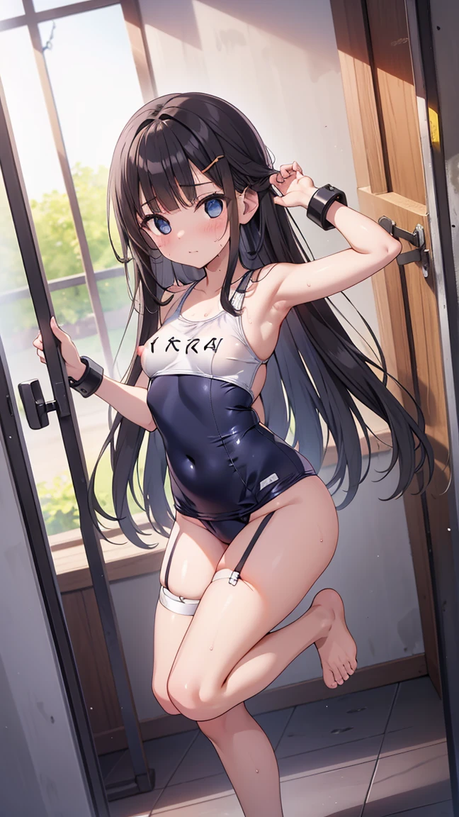 (Highest quality), (masterpiece), 1080P, High resolution, 4K, 8K, ((White school swimsuit)), Groin, restrained, shackles, Shooting from directly above, Sweat, Black tie, string, To achieve this, ((~ side)), show your ~ side, Raise your arms, Are standing, Leg spread, Nipples, Small breasts, whole body, Embarrassed face, , Blunt bangs, Long Black Hair, Garter Ring, stand, whole body, barefoot, hairpin