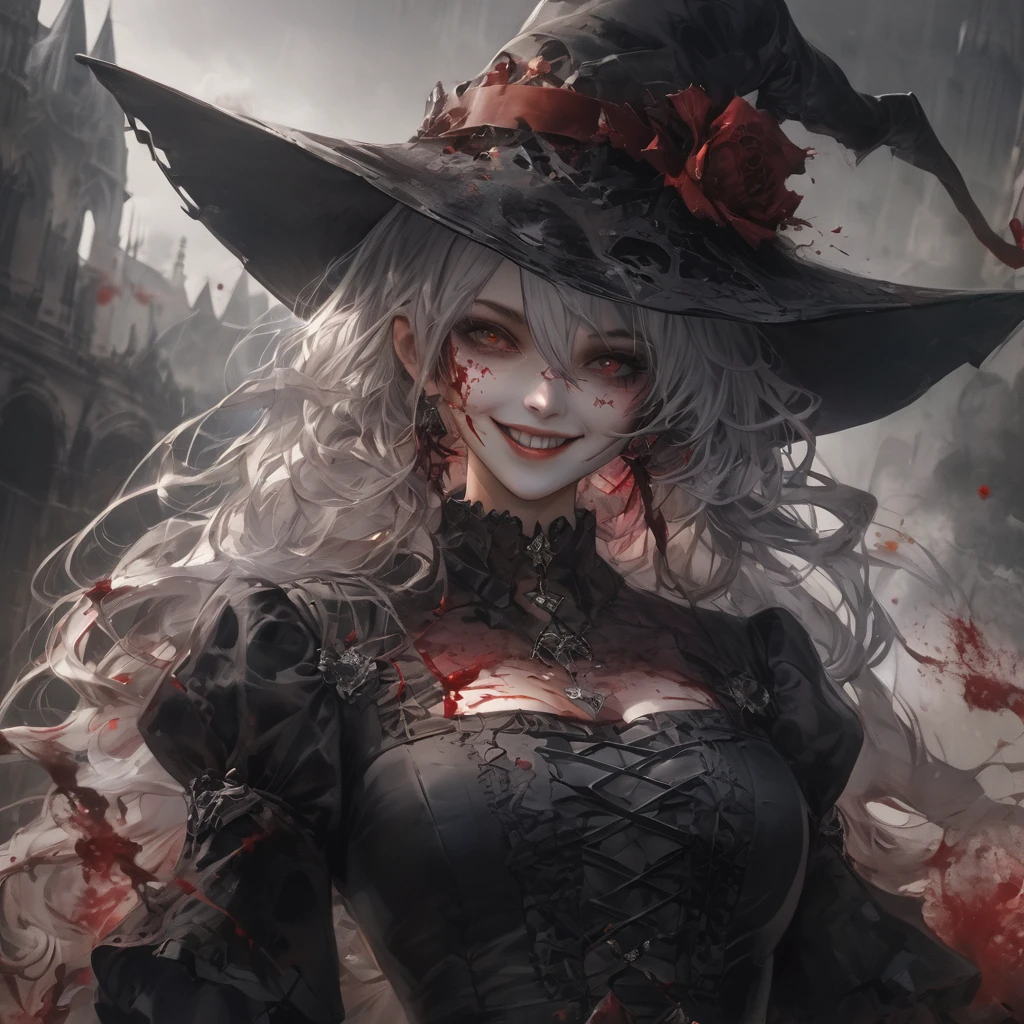 (8K, RAW Photos, Highest quality, masterpiece:1.2),(Realistic, photo-Realistic),Multiple girls,Frolicking Girl,Multiple women,Tea party,Crazy Smile,Face Up,Face Shot,Scythe Face,Girl Monster, slave,beautiful, Detailed portrait, Delicate facial features, Sharp Eye, Sharp Fangs, Pale skin, Thick Chain, Dark Background, Cinema Lighting, Dramatic Shadows, Gothic style, Gloomy atmosphere, Dark fantasy, One girl, , Open your mouth wide, Open your mouth and baring your teeth,Sharp teeth like a beast, Wide lips, very wide mouth, Vermilion cheeks, ,(Blood splatter:1.6),Scary face, Laughter　Witch design, Twisted smile、Bloodstained、bleeding from the head,、Blood splatter、,(Blood splatter:1.6),Crossbones, skull,　, Horror Style, ((Fantasy Witch Costume)), ((Flowing white hair)), ,(Blood splatter:1.6),Female curves, Large Breasts, Thick thighs, Sexy flat stomach, Perfect hands, Perfect anime face, ((dark lolita dress)), Are standing, ((Wicked Smile)), ,(Blood splatter:1.6),Victorian cities, gaslight, Steam circulates, Moonlight Illumination, night lighting, A sky filled with stars and galaxies,disaster々new devil horns,,(Blood splatter:1.6),アニメゾンビWitch design, Twisted smile、Bloodstained、bleeding from the head,、Blood splatter、,(Blood splatter:1.6),Crossbones, skull,,Photo Background,Wide Shot,Scythe Face,Girl Monster, slave,beautiful, Detailed portrait, Delicate facial features, Sharp Eye, Sharp Fangs, Pale skin, Thick Chain, Dark Background, Cinema Lighting, Dramatic Shadows, Gothic style, Gloomy atmosphere, Dark fantasy, One girl, , Open your mouth wide, Open your mouth and baring your teeth,Sharp teeth like a beast, Wide lips, very wide mouth, Vermilion cheeks, ,(Blood splatter:1.6),Scary face, Laughter　Witch design, Twisted smile、Bloodstained、bleeding from the head,、Blood splatter、,(Blood splatter:1.6),Crossbones, skull,　, Horror Style,