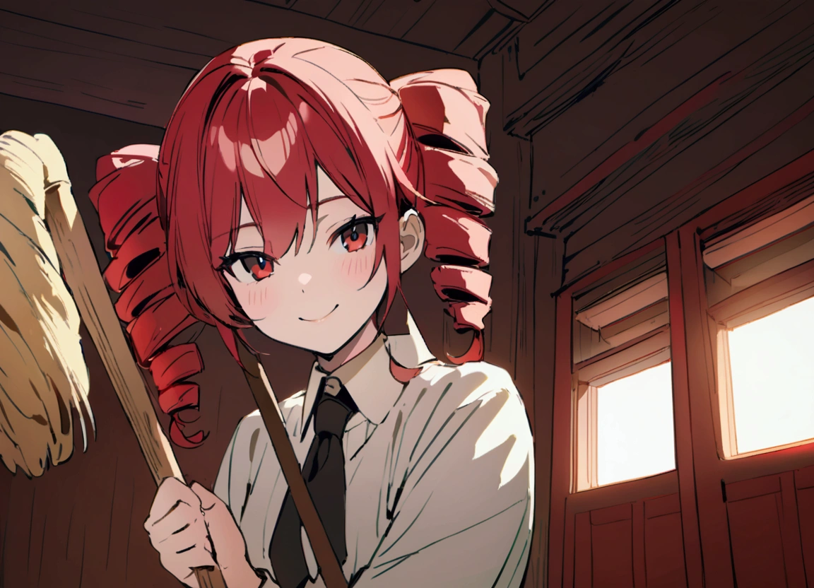 Red hair, smiling, holding broom, in room, full body