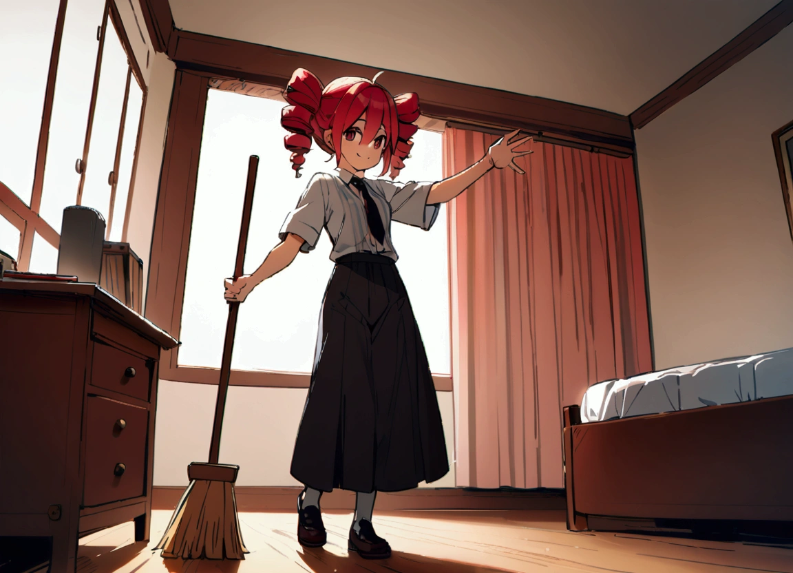 Red hair, smiling, holding broom, in room, full body