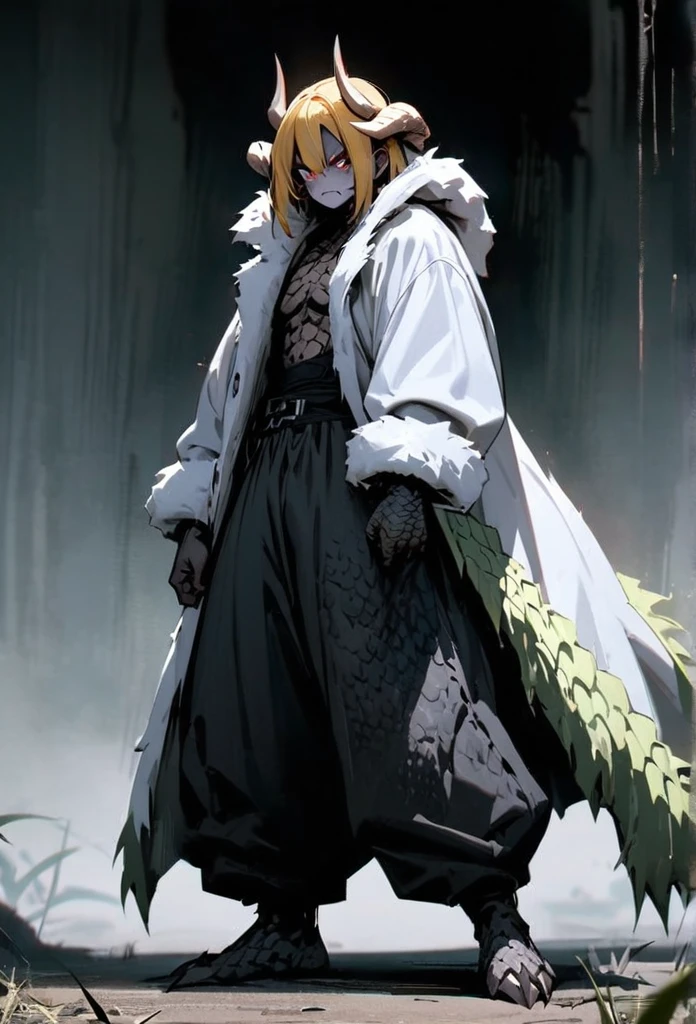 (High resolution, best quality, masterpiece), detailed, ultra detail, 1male, physically fit, muscular body, fierce expression, dark eyes, (detailed eyes), Yellow hair, short length hair, full body, ((dragon horns)), ((face: dragon scales)), face covered in scales, human body, human skin ((topwear: fur lined coat, bottomwear: baggy jeans)), Grassfeild background, part draconic, somber expression, inhuman, reptilian skin