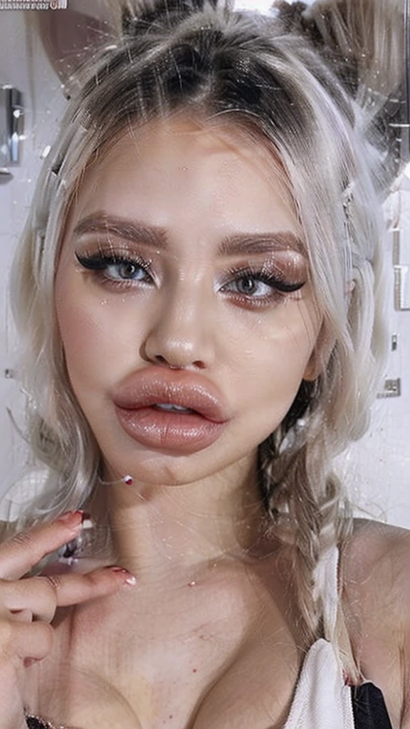 cute platinum white hair sexy, big red lips, huge lips, cute, seductive eyes, 18, asian 