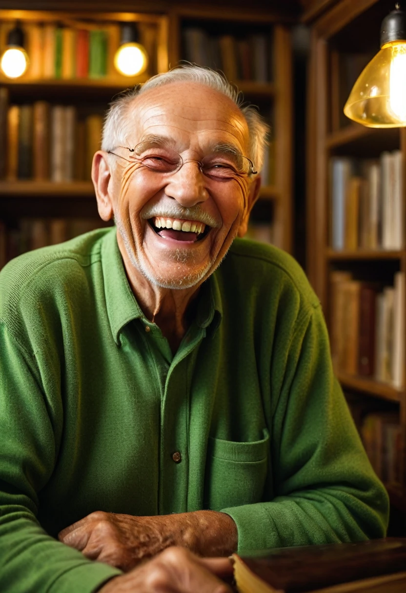 An old man with bright green eyes laughed happily in the warm and lively room. The lights reflected the joy in his eyes, adding joy to his facial expression. The background includes warm interior details, such as wooden furniture and books on shelves. This image was captured in high resolution with dimensions of 6465 x 4301 pixels.