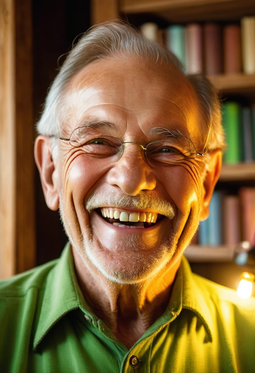 An old man with bright green eyes laughed happily in the warm and lively room. The lights reflected the joy in his eyes, adding joy to his facial expression. The background includes warm interior details, such as wooden furniture and books on shelves. This image was captured in high resolution with dimensions of 6465 x 4301 pixels.