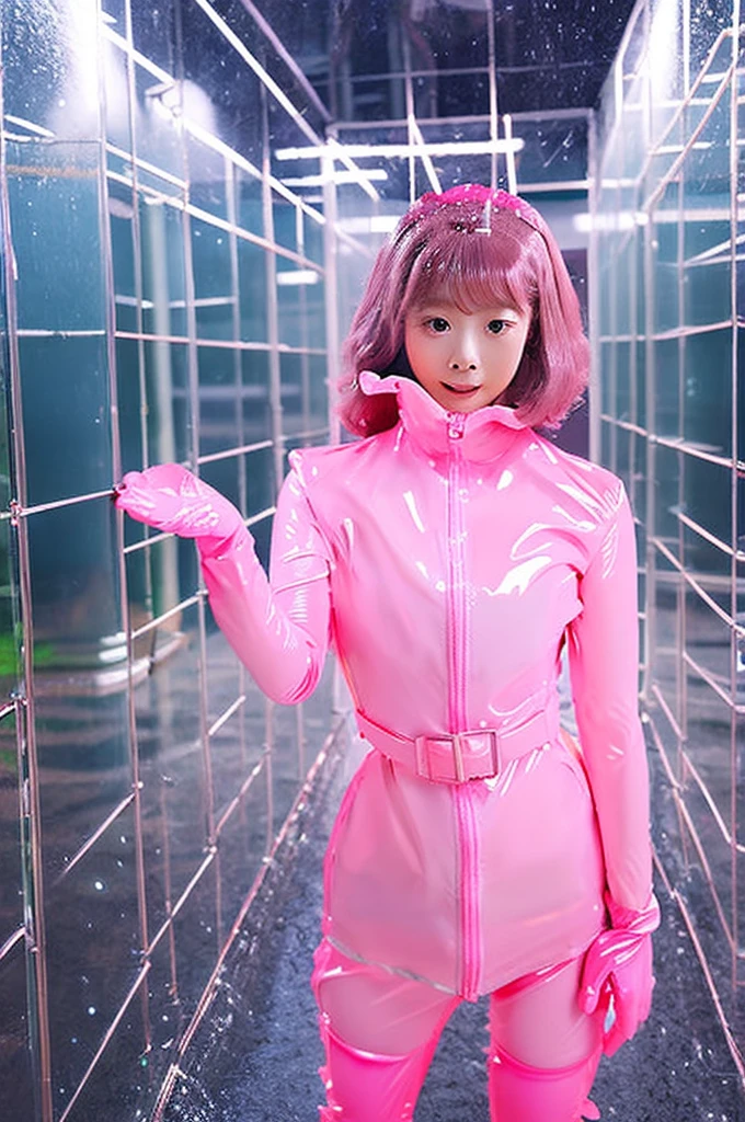 live-action　female kindergartener　Pink rubber suit　Gloss　Transparent rain gear　Escape from a mysterious giant maze　Being forced to change into a rubber suit in a large space　rubber gloves　Rubber stockings